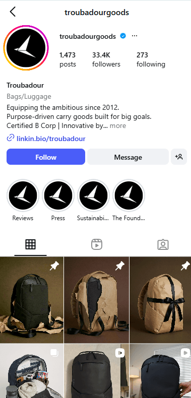 Instagram profile screenshot for Troubadour from the Ascenteers site