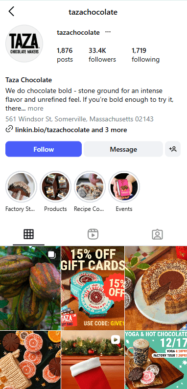 Instagram profile screenshot for Taza Chocolate from the Ascenteers site